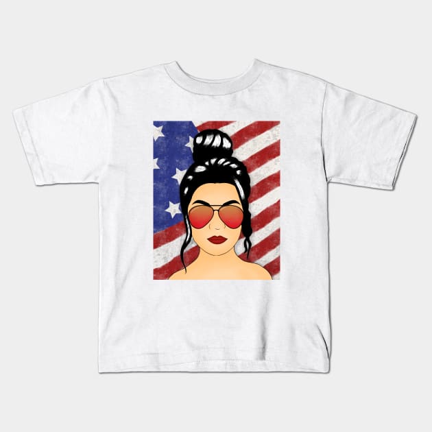 Messy Bun with American Flag in Background Kids T-Shirt by GerrArt